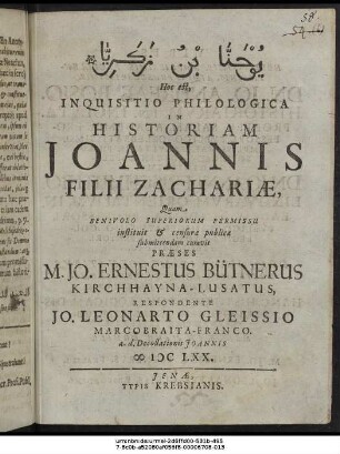 ... Hoc est, Inquisitio Philologica In Historiam Joannis Filii Zachariae