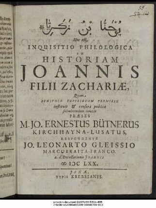 ... Hoc est, Inquisitio Philologica In Historiam Joannis Filii Zachariae