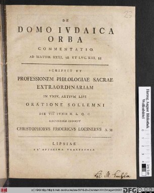 De Domo Ivdaica Orba : Commentatio Ad Matth. XXIII, 38. Et Lvc. XIII, 35