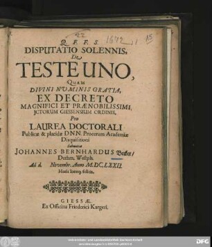 Disputatio Solennis, De Teste Uno