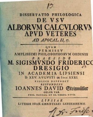 Dissertatio Philologica De Vsv Alborvm Calcvlorvm Apvd Veteres Ad Apocal. II, 17.