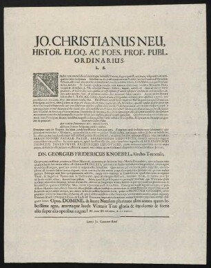 Jo. Christianus Neu, Histor. Eloq. Ac Poes. Prof. Publ. Ordinarius. L. S.