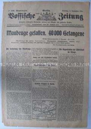 Titelblatt der Tageszeitung "Vossische Zeitung" zur Kapitulation von Maubeuge