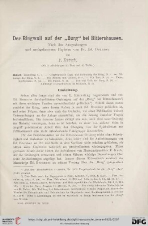Der Ringwall auf der Burg bei Rittershausen : Nach den Ausgrabungrn und nachgelassenen Papieren von Dr. Ed. Brenner