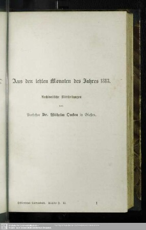 Aus den letzten Monaten des Jahres 1813.