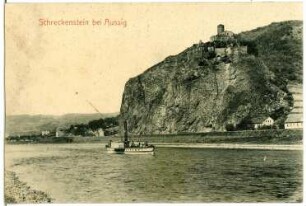 Aussig. Burgruine Schreckenstein an der Elbe mit Personen-Seitenraddampfer
