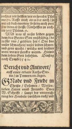 Bericht und Antwort/ auff eines erbarn Raths Stetin/ in Pomern/ etc. beger.