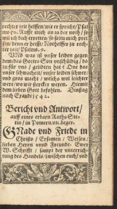 Bericht und Antwort/ auff eines erbarn Raths Stetin/ in Pomern/ etc. beger.
