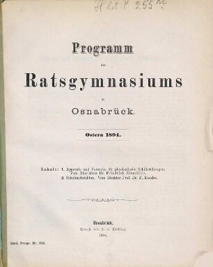 Programm des Ratsgymnasiums zu Osnabrück : Ostern .... 1893/94