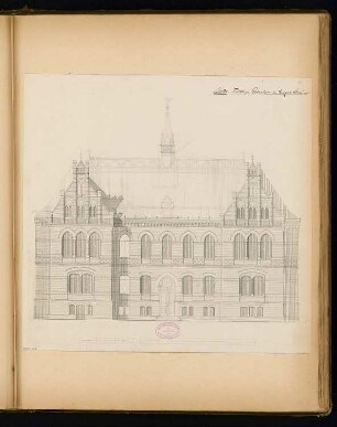 Rathaus, Calau Monatskonkurrenz März 1879: Aufriss Vorderansicht; Maßstabsleiste