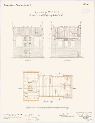 Feldartilleriekaserne, Halle/Saale: Familienwohnhaus I: Grundriss Sparrenlage, Aufriss Nordansicht, Südansicht 1:100