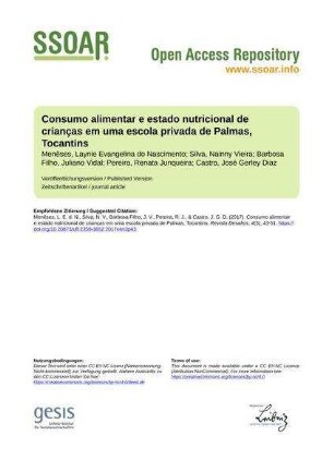 Consumo alimentar e estado nutricional de crianças em uma escola privada de Palmas, Tocantins