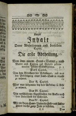 Kurzer Inhalt Derer Abtheilungen und derselben Capitel.