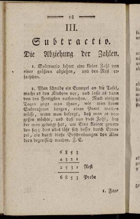 III. Subtractio. Die Abziehung der Zahlen