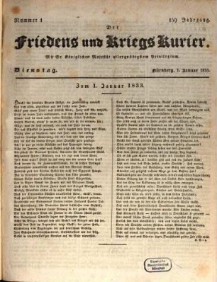 Der Friedens- u. Kriegs-Kurier : mit Sr. Königlichen Majestät allergnädigstem Privilegium. 1833,[1] = Jg. 159, Jan. - Juni
