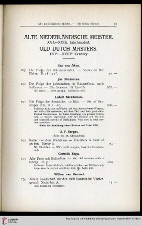 Alte niederländische Meister XVI.-XVIII. Jahrhundert / Old Dutch Masters XVIth-XVIIIth Century (Nr. 189-448)