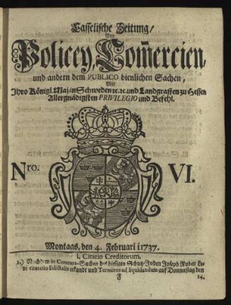 Nro. VI, Montags, den 4. Februarii 1737