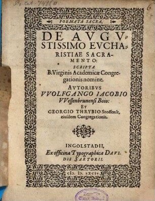 Poemata Sacra, De Avgvstissimo Evcharistiae Sacramento : Scripta B. Virginis Academiae Congregationis nomine