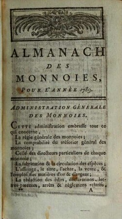 Almanach des monnoies : année ... 1789, 1789