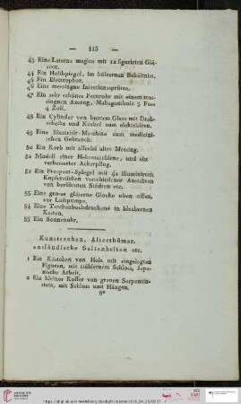 Kunstsachen, Alterthümer, ausländische Seltenheiten etc (Nr. 1 - 114)