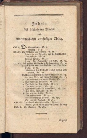 Inhalt des sechszehnten Bandes der Naturgeschichte vierfüßiger Thiere