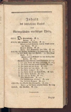 Inhalt des sechszehnten Bandes der Naturgeschichte vierfüßiger Thiere