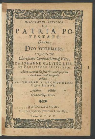 Disputatio Iuridica. De Patria Potestate