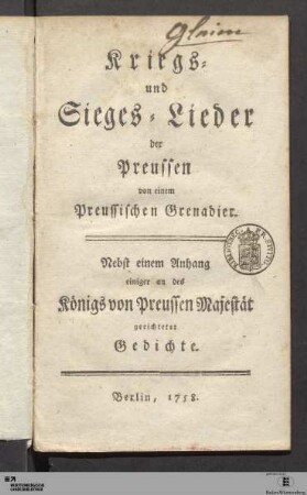 Kriegs- und Sieges-Lieder der Preussen von einem Preussischen Grenadier