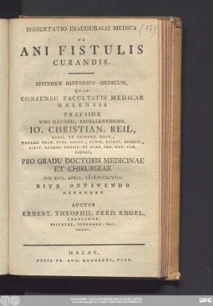 Dissertatio Inauguralis Medica De Ani Fistulis Curandis : Specimen Historico-Medicum