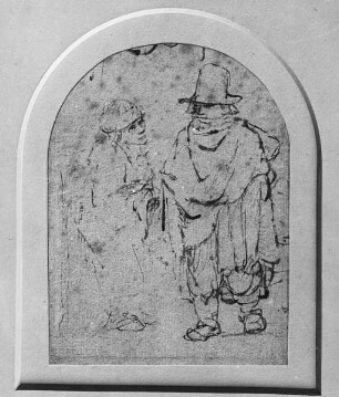 Mann in Mantel und Hut, an den von links eine Bettlerin herantritt