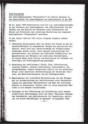 Arbeitsprogramm der Arbeitsgemeinschaft "Frauenarbeit" der Sektion Bauwesen
