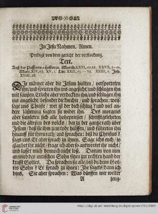 In Jesu Nahmen. Amen. Predigt von dem gericht der verstockung