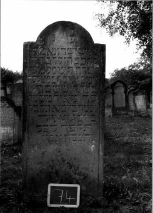 Grabstein 74 (Index: 100107183) Material: Sandstein Zustand: verwittert Maße HxBxT: 149x65x14 cm Beschreibung: Stele, eingezogener Rundbogenabschluß: Grabstein 74