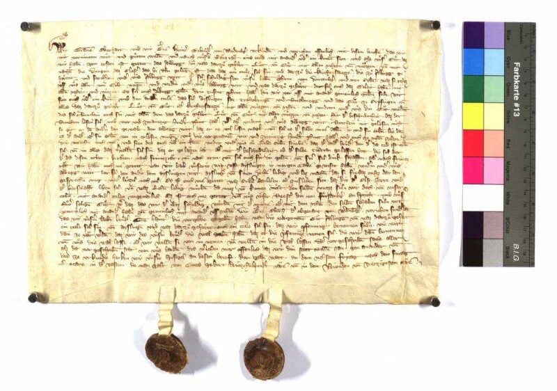 Graf Eberhard von Werdenberg und Graf Heinrich von Werdenberg, Gebrüder, vereinbaren, dass dem Kloster zu den Wengen bei Ulm ein Teil und der Kirchensatz von ihren Gütern zu Albeck (Albegg) zustehen soll und ihrem Oheim von Württemberg (Wirtenberg) seine Rechte und Gült. Wem von ihnen beiden Albeck zufällt, dem soll auch Sontheim (Sunthein) gehören, welches mit 2.400 Pfund abgelößt werden soll. Sodann Bestimmungen wegen des gegenseitigen Erbrechtes bei kinderlosem Ableben, bezüglich der Aussteuer der Töchter und Morgengabe der Frauen, heimfällige Lehen sollen geteilt werden. Ebenso ihr Schaden in Hinsicht auf den Anspruch ihrer Schwester der von Fürstenberg auf ihrer Mutter Gut. Dem Graf Heinrich steht bei der Teilung die erste Wahl zu.