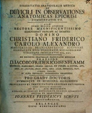 Dissertatio Inavgvralis Medica De Difficili In Observationes Anatomicas Epicrisi. 7, Commentatio VII