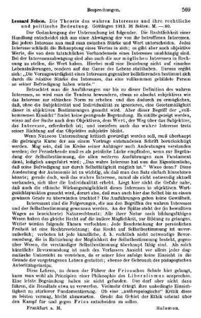 569, Leonard Nelson. Die Theorie des wahren Interesses und ihre rechtliche und politische Bedeutung. 1913