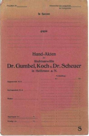 Aktendeckel der Rechtsanwaltskanzlei Dr. Gumbel, Koch u. Dr. Scheuer