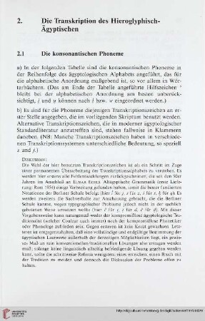 2. Die Transkription des Hieroglyphisch-Ägyptischen