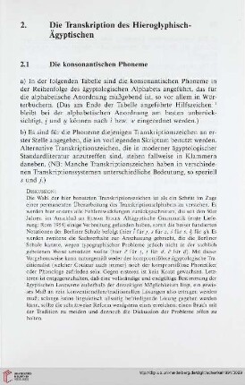 2. Die Transkription des Hieroglyphisch-Ägyptischen