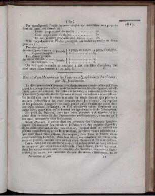 Extrait d´un Mémoire sur les Vaisseaux lymphatiques des oiseaux;