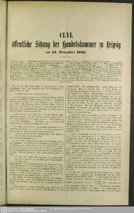 CLVI. öffentliche Sitzung der Handelskammer zu Leipzig am 13. November 1885