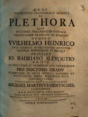 Dissertatio Inavgvralis Medica De Plethora