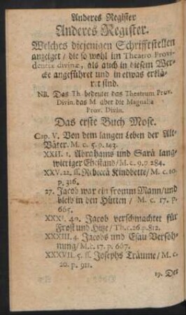 Anderes Register. Welches diejenigen Schrifftstellen anzeiget / die so wohl im Theatro Providentiae divinae, als auch in diesem Wercke angeführet und in etwas erkläret sind.