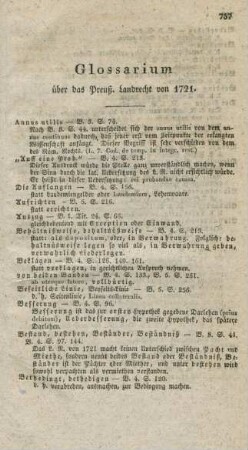 Glossarium über das Preuß. Landrecht von 1721.