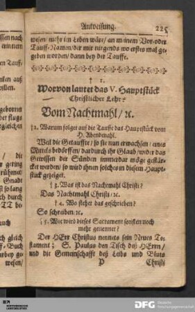Worvon lautet das V. Hauptstück Christlicher Lehr? Vom Nachtmahl, etc.