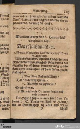 Worvon lautet das V. Hauptstück Christlicher Lehr? Vom Nachtmahl, etc.
