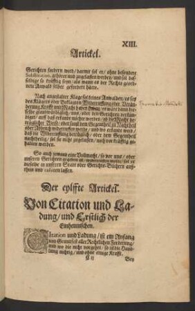 Der eylffte Artickel. Von Citation und Ladung/ und Erstlich der Einheimischen.