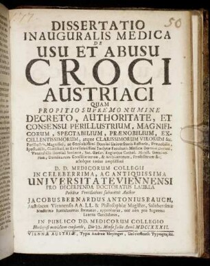Dissertatio Inauguralis Medica De Usu Et Abusu Croci Austriaci