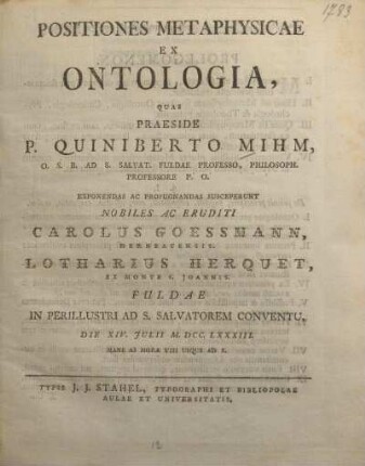Positiones metaphysicae ex ontologia