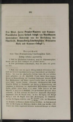 VI. Des Weyl. Herrn Premier-Ministers und Cammer-Praesidenten Herrn Gerlach Adolph von Münchhausen hinterlaßener Unterricht von der Verfaßung des Churfürstl. Braunschweig-Lüneburgischen Geheimten Rath und Cammer-Collegii